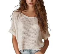 Top copricostume da donna lavorato a maglia, a maniche corte, traforato, scollo rotondo, design a rete leggero, perfetto come copricostume da spiaggia o come strato estivo casual, bianco, L
