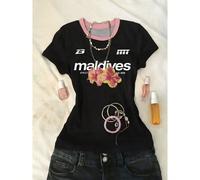 Top corto a maglia aderente, camicetta stampata alla moda per ragazze adolescenti, adatta per la primavera/estate da abbinare ai jeans 14Y,13Y,16Y,15YAnimale,Grafico,LetterePoliestere