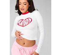 Top corto a maniche lunghe con stampa a cuori, scollo a contrasto rosso e design con testo per San Valentino L,M,S,XL,XS,XXL,XXS,XXXL,XXXXLGeometrico,LettereTessuto in maglia