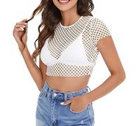 Top corto a rete da donna, sexy in rete trasparente, casual, girocollo, maniche corte, canottiere a rete per streetwear, discoteca, Halloween, festival stravaganti, costumi in maschera, bianco, M