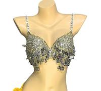 Top Corto con Bustino di Strass Reggiseno con paillettes perline Costume da danza del ventre Reggiseni superiori for abbigliamento da performance sul palco for ballerini da discoteca da donna(Silver,3