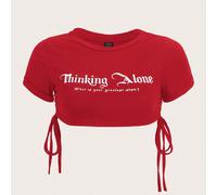 Top corto con coulisse e grafica con slogan "Stai pensando da solo, qual è il tuo più grande desiderio?" L,M,S,XL,XS,XXL,XXSsloganTessuto in maglia