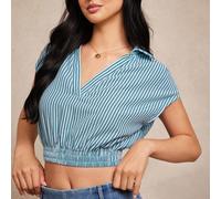 Top corto con scollo a V, maniche corte, vestibilità morbida, colletto, a righe testurizzate, look casual, adatto per la scuola e l'autunno, ideale per concerti country L,M,S,XL,XSA strisceTessuto int