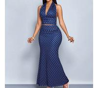 Top corto con scollo a V profondo e schienale aperto con lacci, a pois, e gonna lunga plissettata a sirena, set di due pezzi alla moda (motivo floreale casuale) L,M,S,XLGeometricoTessuto