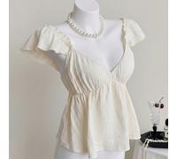 Top corto con spalline a spaghetti e balze adorabili di colore blu, sexy schiena aperta con scollo basso, top a babydoll L,M,S,XL,XSColore unicoTessuto intrecciato