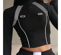 Top corto con zip e alla coreana, con stampe di lettere a blocchi di , design in stile motociclistico americano per un look trendy e sportivo