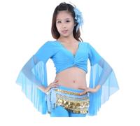 Top corto da danza con maniche svasate da donna, top avvolgente classica scollo V maniche 3/4 in tulle, camicia lacci per danza del ventre tribale, camicetta con nappe for annodare per abbigliamento