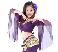 Top corto da danza con maniche svasate da donna, top avvolgente classica scollo V maniche 3/4 in tulle, camicia lacci per danza del ventre tribale, camicetta con nappe for annodare per abbigliamento