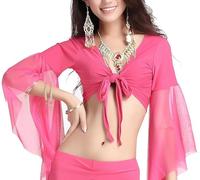 Top corto da danza con maniche svasate da donna, top avvolgente classica scollo V maniche 3/4 in tulle, camicia lacci per danza del ventre tribale, camicetta con nappe for annodare per abbigliamento