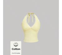 Top corto da donna in cotone tinta unita con scollo a V profondo, senza maniche, con laccetto al collo, giallo pallido, stile dolce Y2K, carino, per spiaggia, vacanza, uscite, festival, autunno, estat
