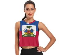 Top corto da donna senza maniche in seta di ghiaccio, ad asciugatura rapida, camicie da palestra S, Bandiera Haiti, L