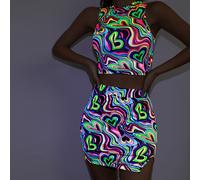 Top corto e gonna a stampa di cuori riflettenti, senza cintura, abito per feste al neon L,M,S,XL,XS,XXLCuore,stampa dappertuttoTessuto