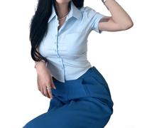 Top corto estivo casual da donna, camicetta coreana a maniche corte per gite di un giorno e appuntamenti (M blu)