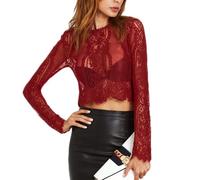 Top corto in pizzo sexy da donna Camicetta manica lunga T-shirt elegante Pizzo floreale Top trasparente Camicia casual See Through Top Top corto in rete in rete trasparente da donna Maglietta corta