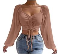 Top corto lavorato a maglia da donna in rete a maniche lunghe increspato davanti pullover camicette leggere casual slim aderente maniche a lanterna impiombate top Y2k camicie crop moda maglione a