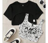 Top corto monocolore e top canotta con stampa slogan e teschio, "PUNK'S NOT DEAD", adatto per l'estate, 95% cotone, per vacanze, uscite, festival, stile Ibiza, abbigliamento western SHEIN X BoredToDea