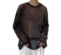 Top corto sexy da uomo in rete a rete trasparente camicie top da uomo con scollo rotondo glitterato camicia slim fit pullover clubwear camicie da festa rave discoteca performance camicia moda comodo