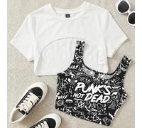 Top corto tinta unita da artista & canotta con stampa slogan e teschio PUNK'S NOT DEAD, per l'estate, 95% cotone, vacanze, ferie, uscite, festival, Ibiza, abbigliamento western, outfit primaverili da
