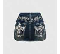 Top corto vintage stile Y2K, minigonna aderente con dettagli di ricamo a croce e ali, include leggings L,M,S,XL,XS,XXSGrafico,Tribale,stampa dappertuttoTessuto intrecciato