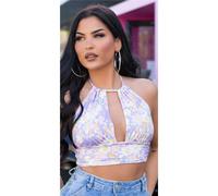 Top Crop Neckholder Donna Con Motivo Floreale Lilla 34/36/38 #T1837