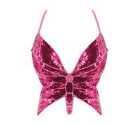Top da donna a forma di farfalla, con paillettes, sexy, allacciatura al collo, schiena scoperta, per danza del ventre, costume da rave, rosa caldo