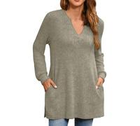Top da donna a maglia maglione invernale con scollo a V, maniche lunghe, orlo spaccato alla moda, con tasca per felpa casual, confortevole, morbido, grande e traspirante, elegante maglioni