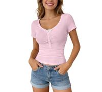 Top da donna a maniche corte con lacci sul davanti, maglietta con scollo a V e dettagli sui lacci, look casual estivo per tutti i giorni e la città, Stil_w04 rosa, L