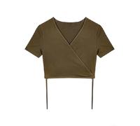 Top da donna a maniche corte in tinta unita con scollo a V e cravatta incrociata frontale, progettata per l'estate, spiaggia, yoga e ciclismo (L verde)