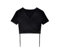 Top da donna a maniche corte in tinta unita con scollo a V e cravatta incrociata frontale, progettata per estate, spiaggia, yoga e ciclismo (XL nero)