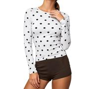 Top da donna a maniche lunghe a pois bianchi e neri con scollo rotondo | I grandi pois neri sparsi distinguono dalla parte superiore bianca, con una scollatura arrotondata e una silhouette aderente