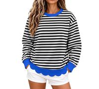 Top da donna a maniche lunghe casual a righe con orlo smerlato | Top da donna a righe con orlo smerlato a maniche lunghe, casual, tunica da indossare tutti i giorni