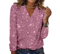 Top da donna a maniche lunghe con paillettes glitterate, a maniche lunghe, con scollo a V, elegante, casual, per feste, club, vacanze, rosa, 3XL