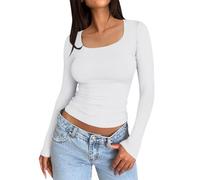 Top da donna a maniche lunghe con scollo rotondo, vestibilità aderente, per allenamento, yoga, a maniche lunghe, con maniche lunghe, vestibilità slim, vestibilità slim, a maniche lunghe, bianco, XS
