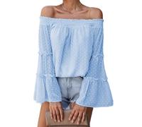 Top da donna a maniche lunghe con spalle scoperte T-shirt larghe T-shirt casual con maniche a tromba Camicie a tunica per donna Top con spalle scoperte Camicette Camicia in chiffon con spalle scoperte