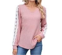 Top da donna a maniche lunghe, oversize, con scollo a V, camicia, per autunno, casual, a maniche lunghe, con scollo a V, comoda e morbida, O rosa., XXL