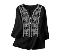 Top da donna alla moda casual in cotone e lino plissettato con maniche a sette quarti Caratteristiche: T-shirt sottili da donna, Nero , XL
