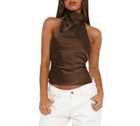 Top da donna alla moda con allacciatura al collo, schiena scoperta, per uscite, Marrone, M