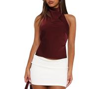 Top da donna alla moda con allacciatura al collo, schiena scoperta, per uscite, Porpora, S