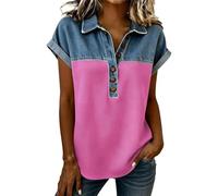 Top da Donna alla Moda con Colletto Denim e Scollo a V, Maniche Corte con Polsini arrotolati e Bottoni Decorativi, Blusa Casual Versatile per Tempo Libero e Passeggiate in Città(Hot Pink, XXL)