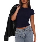 Top da donna basic a maniche corte, casual, Y2K, scollo rotondo, slim fit, maglietta influencer, Blu scuro 168, S