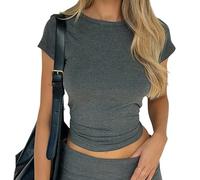 Top da donna basic a maniche corte, casual, Y2K, scollo rotondo, slim fit, maglietta influencer, Dark Gray-168, S