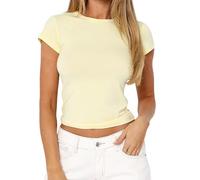 Top da donna basic a maniche corte, casual, Y2K, scollo rotondo, slim fit, maglietta influencer, Giallo chiaro-168, S