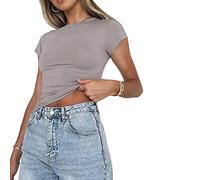 Top da donna basic a maniche corte, casual, Y2K, scollo rotondo, slim fit, maglietta influencer, Grigio chiaro-012, XS
