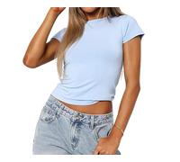 Top da donna basic a maniche corte, casual, Y2K, scollo rotondo, slim fit, maglietta influencer, Sky Blue-168, S