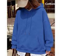 Top da donna blu in cotone, felpa basic con cappuccio dalla vestibilità ampia, adatta per la primavera e l'autunno, tessuto di cotone morbido e traspirante con spalle scese e maniche lunghe. L,M,S,XL,