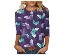 Top da donna, camicia media, maniche a tre quarti, camicie grafice, t-shirt, magliette casual, top, girocollo, tunica, top da donna (viola, XXL)