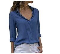Top da donna chic camicette e camicette da donna di grandi dimensioni camicia a maniche arrotolabili camicetta con retro in tinta unita con bottone top casual camicia da ufficio loungewear, blu, S