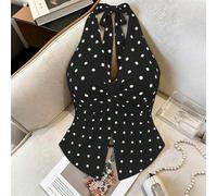Top da donna color albicocca a pois con scollo a V, design con spacco e allacciatura al collo, stile elegante e sofisticato, regalo di compleanno, appuntamento, festa, San Valentino, carnevale, festiv