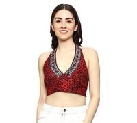 Top da donna comodo stampato a blocchi in seta indiana con collo alto e reggi...