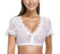 Top da donna con brillantini, 1 ferretto, in pizzo, da donna, elegante camicetta Dirndlbluse, colore nero, per Oktoberfest, bianco, XL